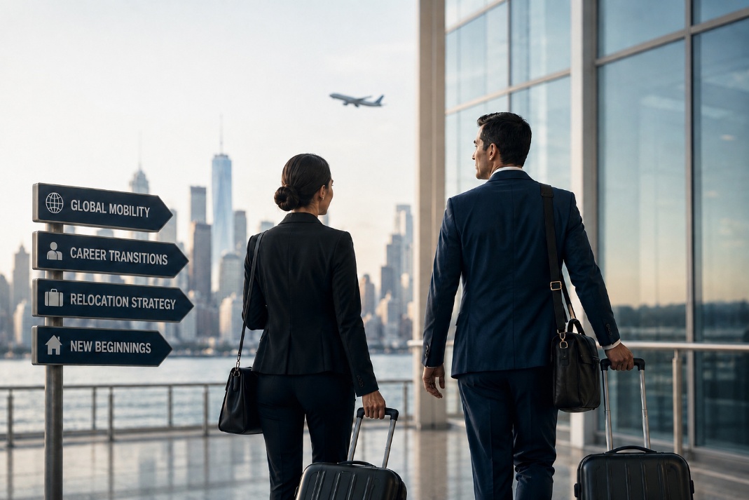 Two professionals traveling internationally, walking past a directional sign reading Global Mobility, Career Transitions, Relocation Strategy, New Beginnings
